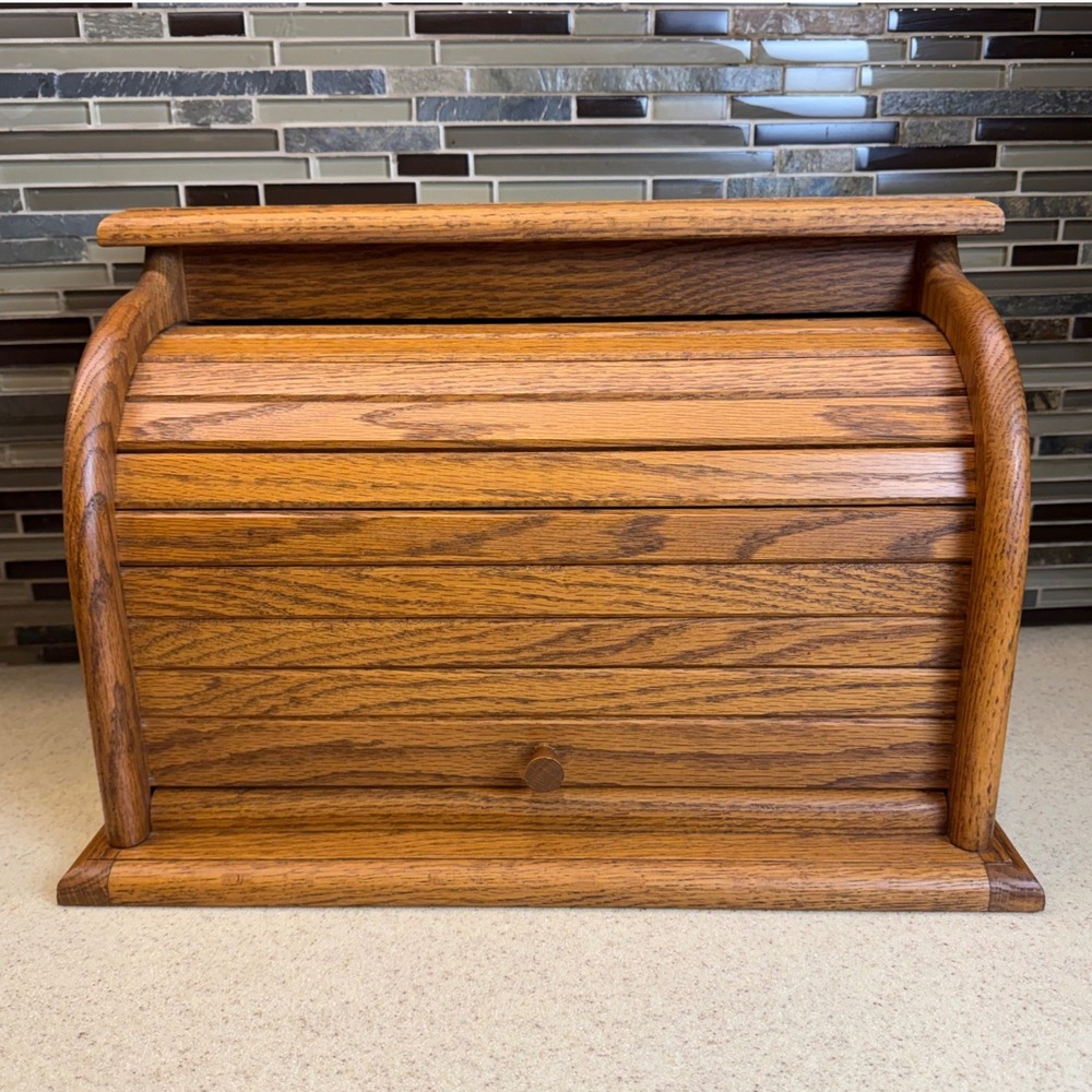 Vintage Solid Oak Roll Top Bread Box Handcrafted Amish Made Rustic Kitchen Decor